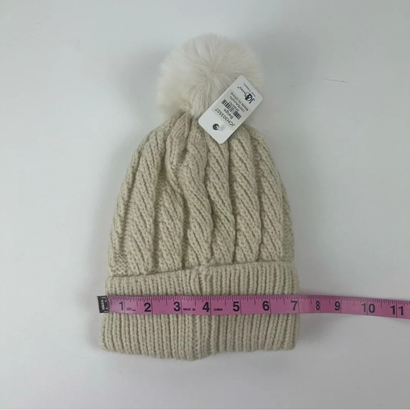 JC Sunny Just Classy Hat Womens One Size Beige Knit Fauc Fur Pom Pom Beanie - Picture 4 of 7